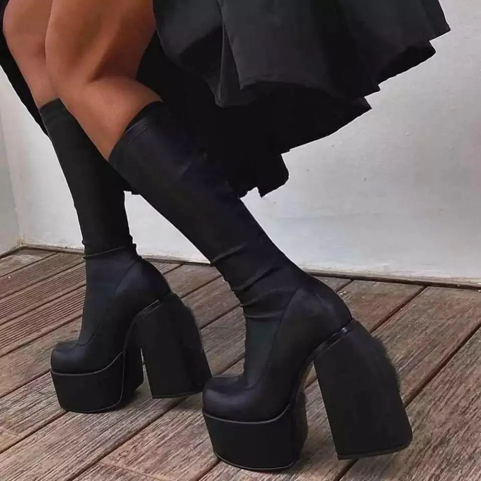 Black slim fit stretchy chunky high heel mid calf boots for women