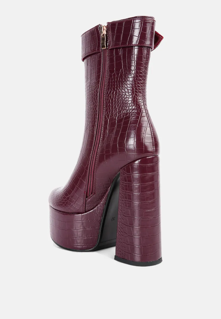 bumpy croc high block heeled chunky ankle boots