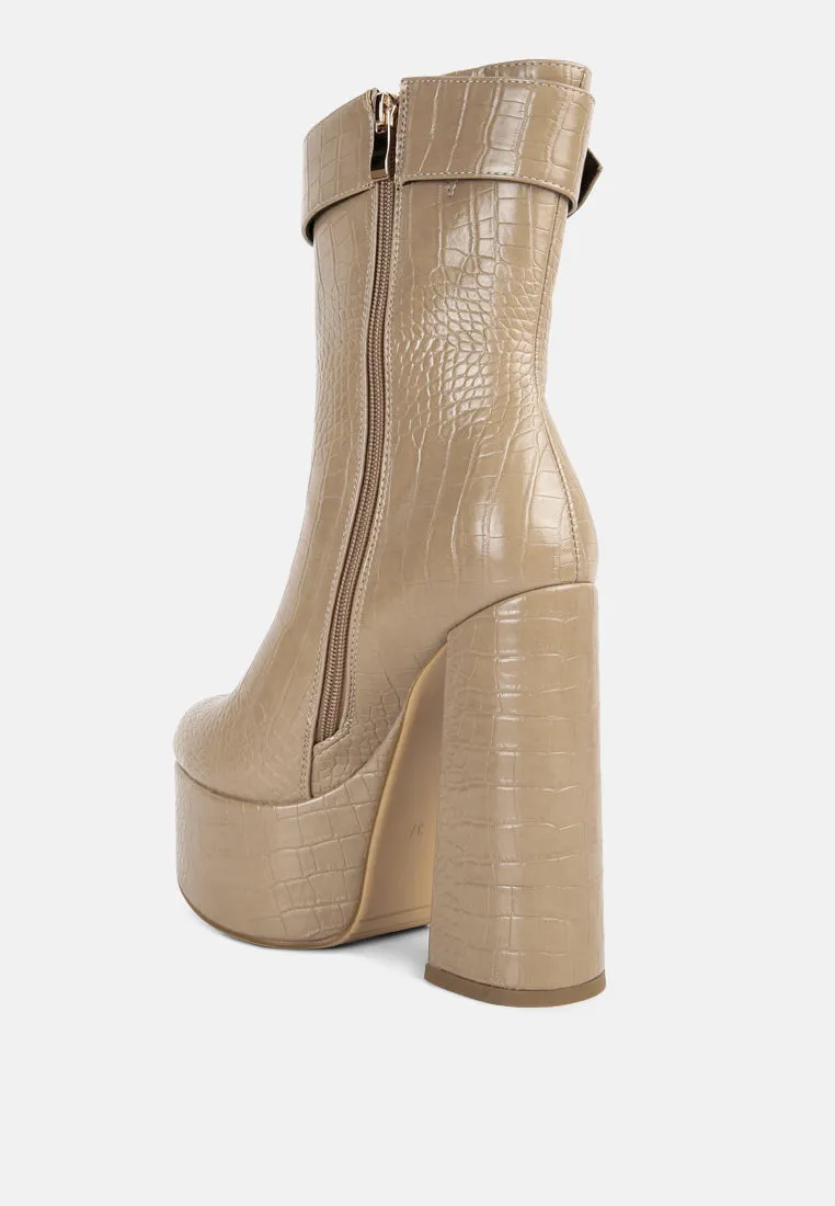 bumpy croc high block heeled chunky ankle boots