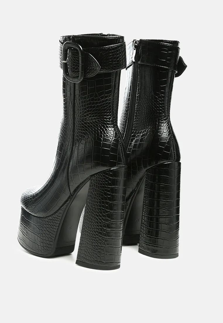 bumpy croc high block heeled chunky ankle boots