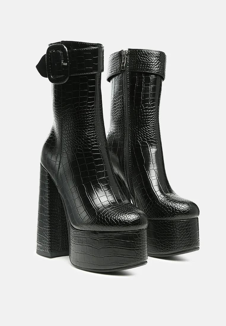 bumpy croc high block heeled chunky ankle boots