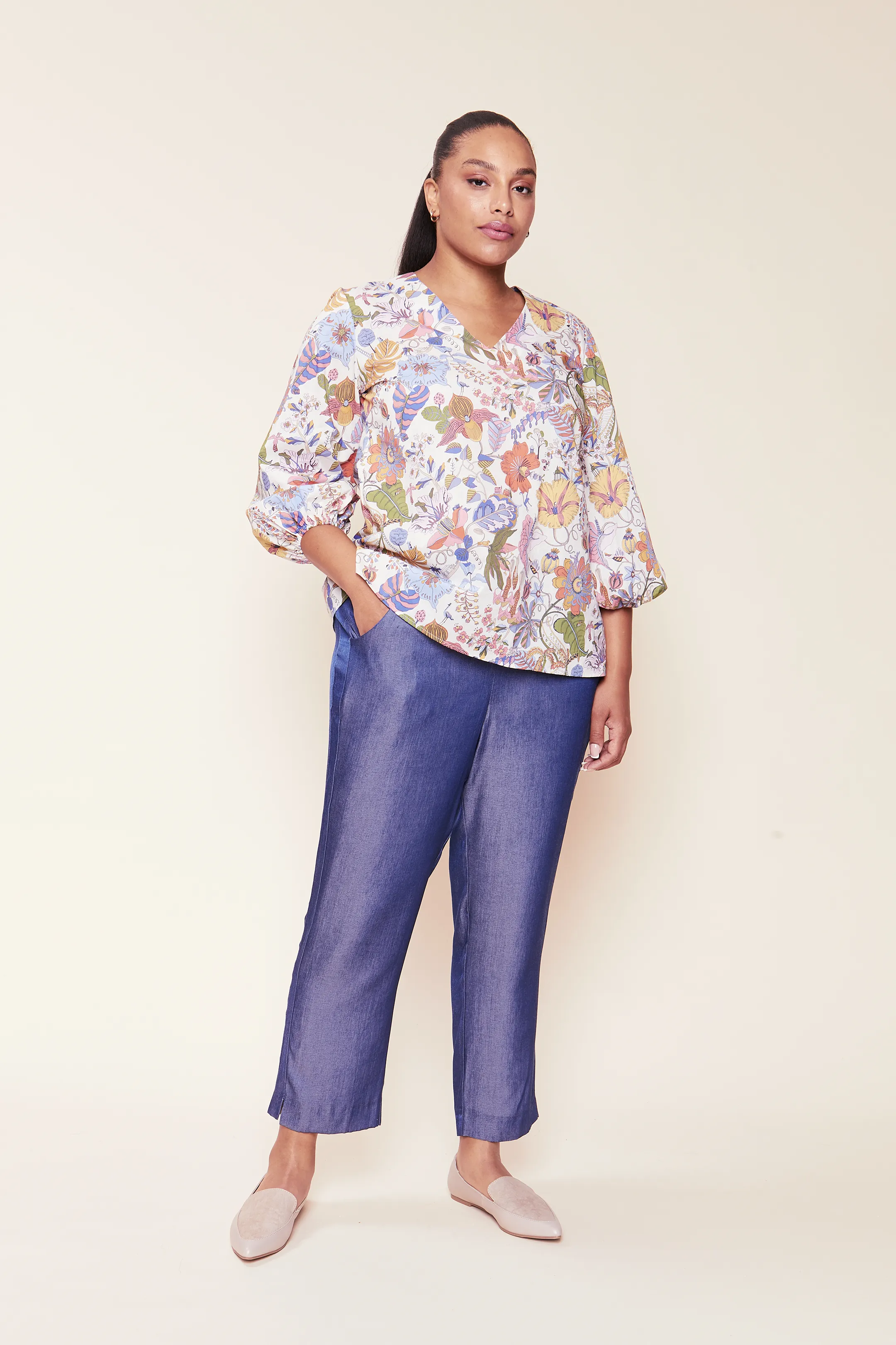 Chambray Fluid Denim Trousers Blue