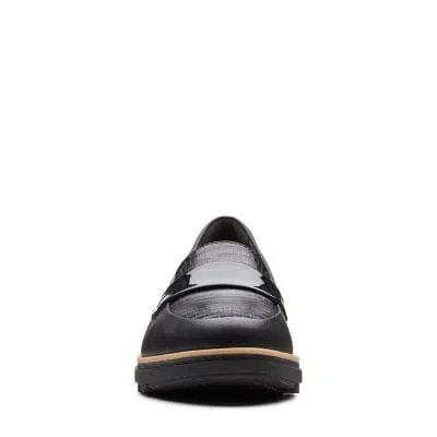 Clarks Women's Sharon Gracie Wedge Penny Loafers- Black Patent Croc