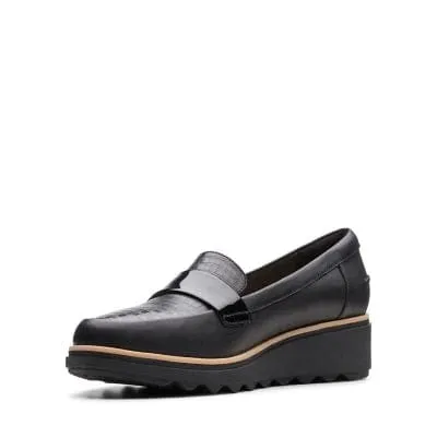 Clarks Women's Sharon Gracie Wedge Penny Loafers- Black Patent Croc