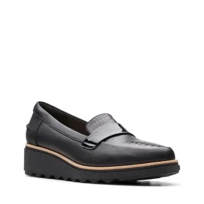 Clarks Women's Sharon Gracie Wedge Penny Loafers- Black Patent Croc