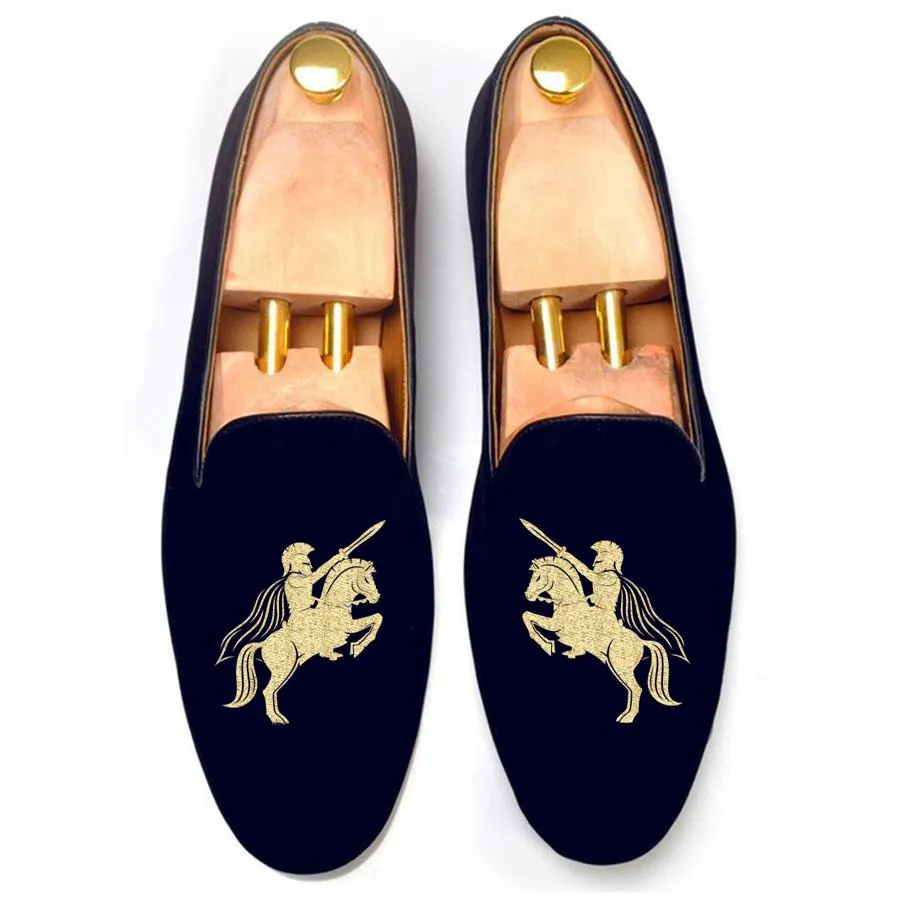Flat Feet Shoes - Blue Velvet Cavalry Guards Embroidered Loafers with Arch Support