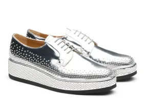 Silver Leather Spike Studded Gleno Derby Shoes