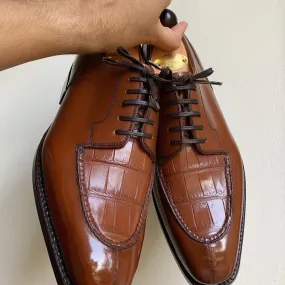 Tan Crocodile Print Leather Torno Derby Shoes