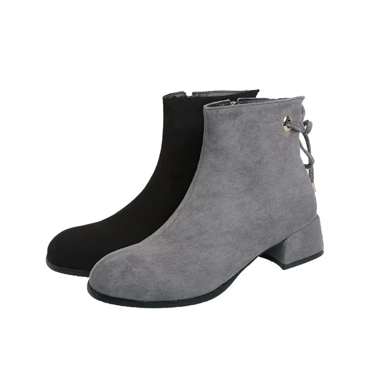 Women's Flock Back Tied Straps Block Heel Side Zippers Short Boots
