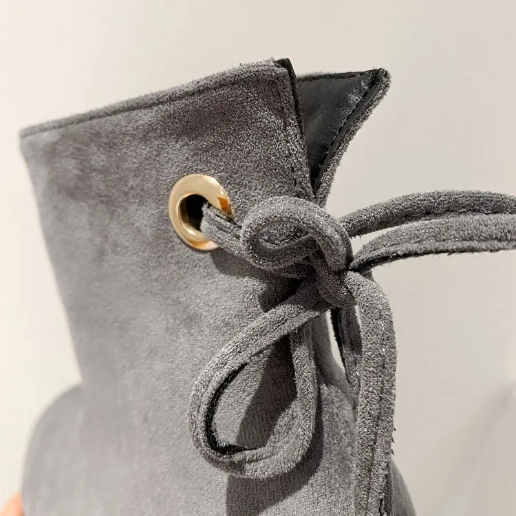 Women's Flock Back Tied Straps Block Heel Side Zippers Short Boots