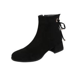 Women's Flock Back Tied Straps Block Heel Side Zippers Short Boots