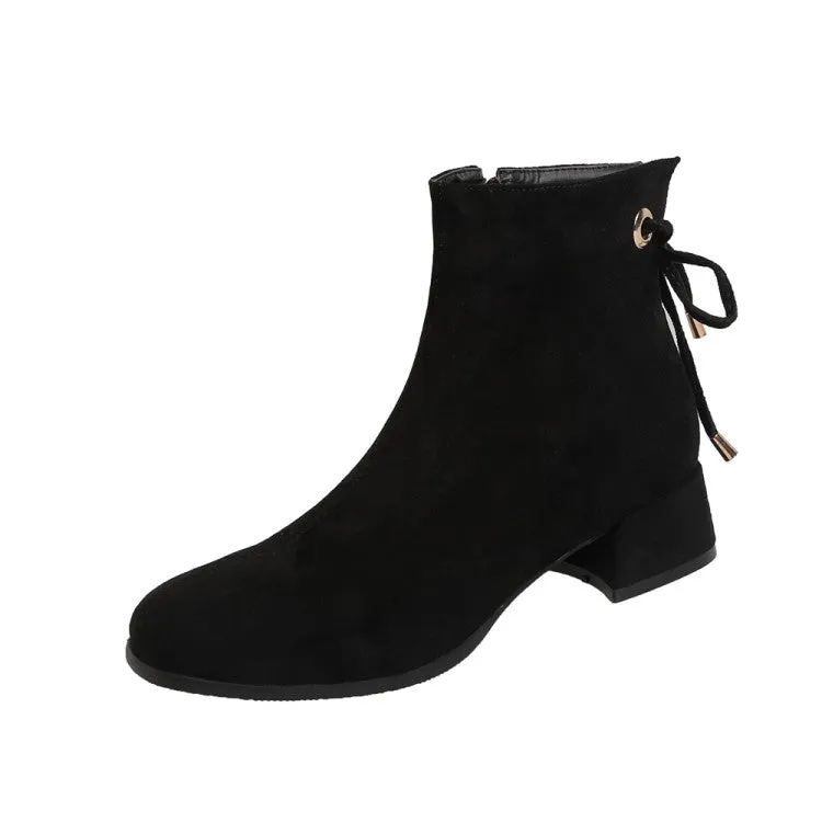 Women's Flock Back Tied Straps Block Heel Side Zippers Short Boots