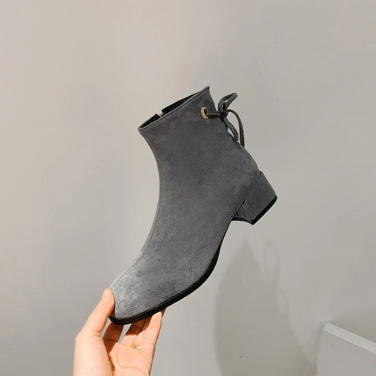 Women's Flock Back Tied Straps Block Heel Side Zippers Short Boots