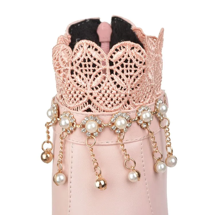 Women's  Lace Pearls Tassel Low Heel Short Boots