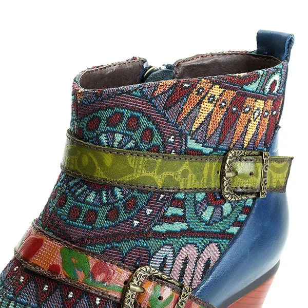 Zalor Bohemian Splicing Pattern Block Buckle Ankle Leather Boots