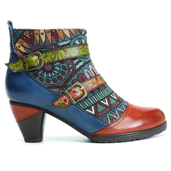 Zalor Bohemian Splicing Pattern Block Buckle Ankle Leather Boots