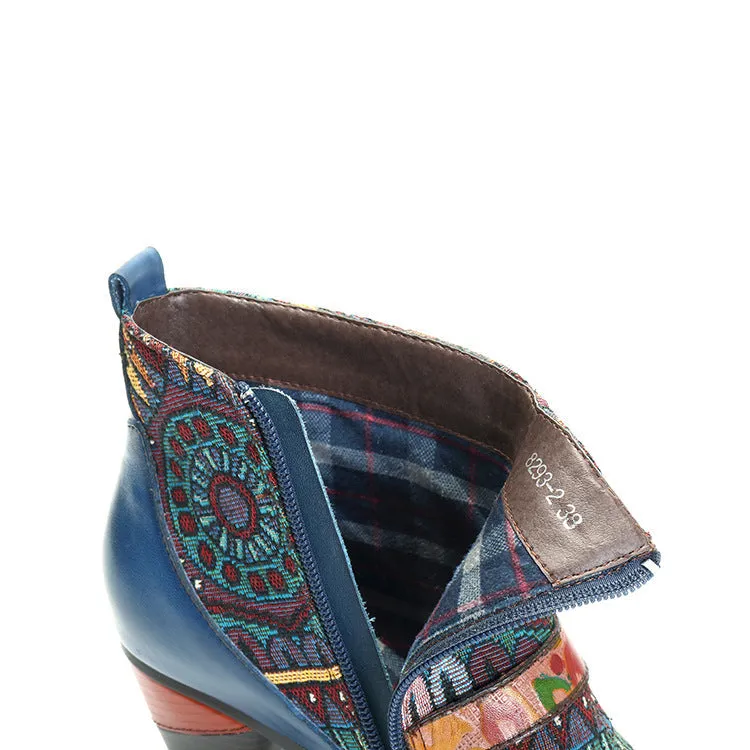 Zalor Bohemian Splicing Pattern Block Buckle Ankle Leather Boots