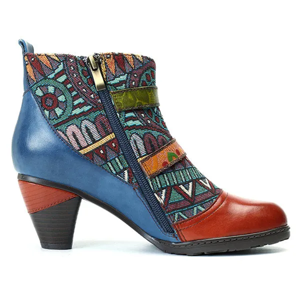 Zalor Bohemian Splicing Pattern Block Buckle Ankle Leather Boots