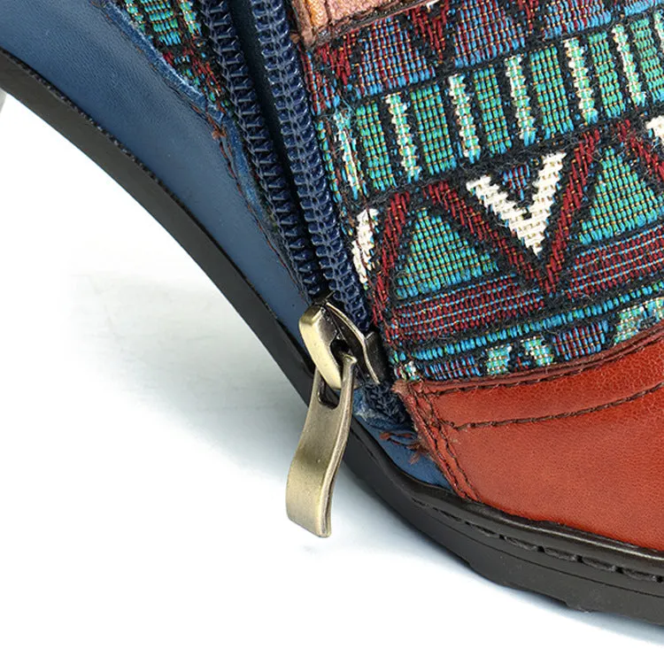 Zalor Bohemian Splicing Pattern Block Buckle Ankle Leather Boots