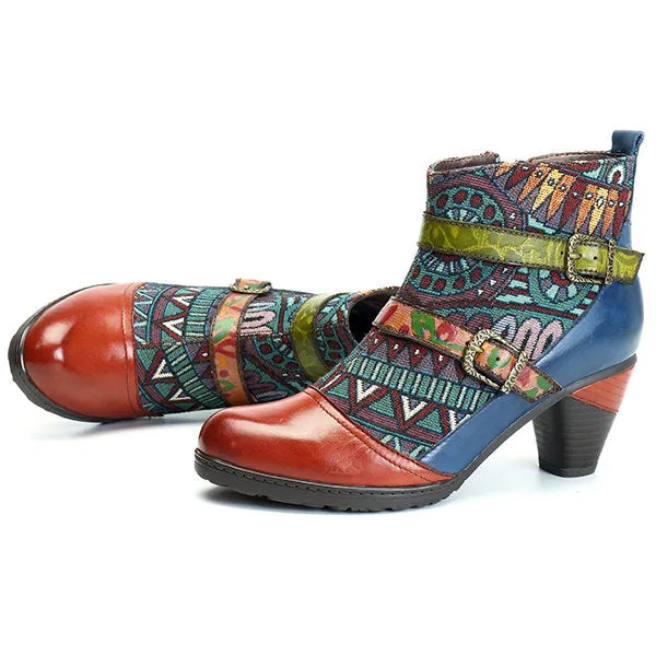Zalor Bohemian Splicing Pattern Block Buckle Ankle Leather Boots