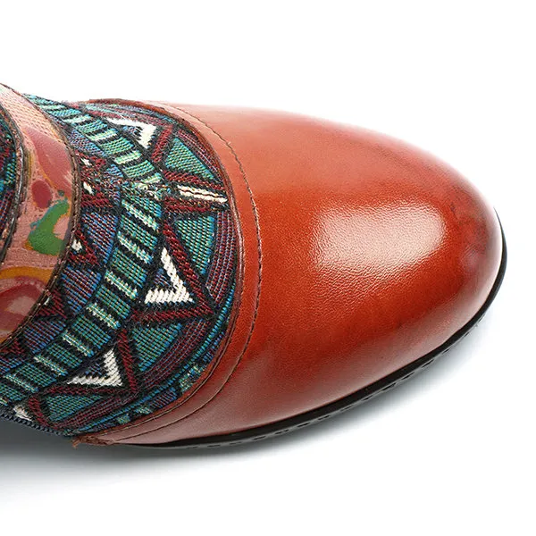 Zalor Bohemian Splicing Pattern Block Buckle Ankle Leather Boots