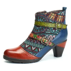 Zalor Bohemian Splicing Pattern Block Buckle Ankle Leather Boots